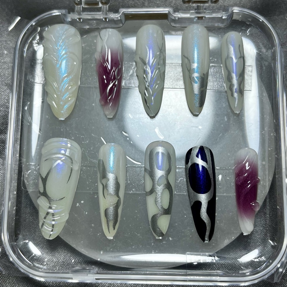Elegant Nail Art Set 3D Silver & Purple Accents Press On reusable handmade 10 pc